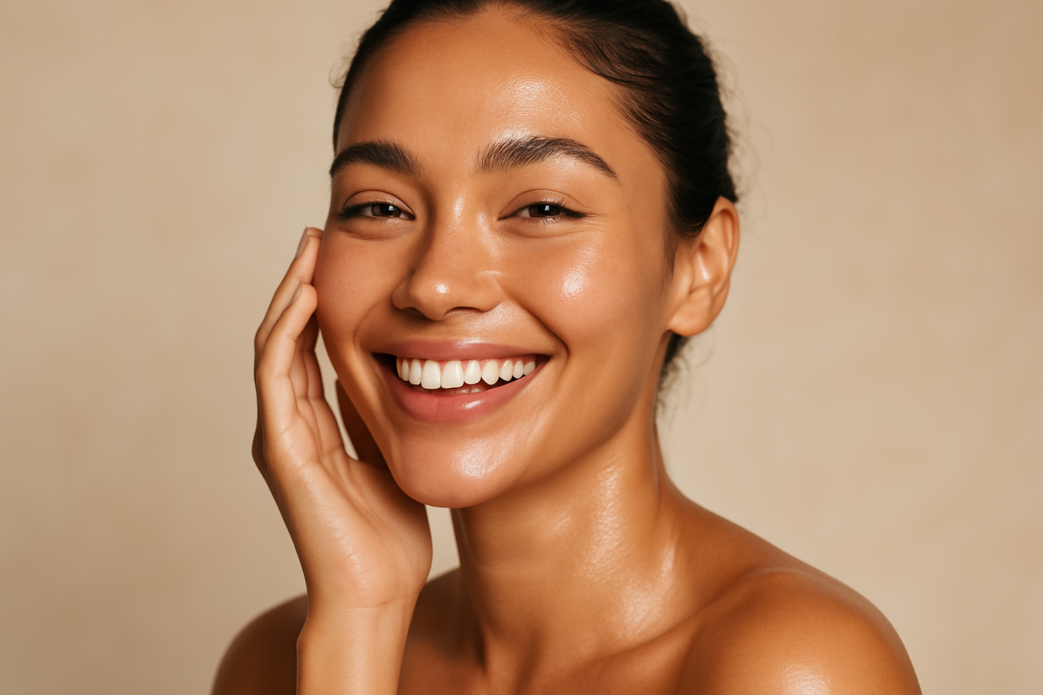 a smiling skincare model illustrating our mission