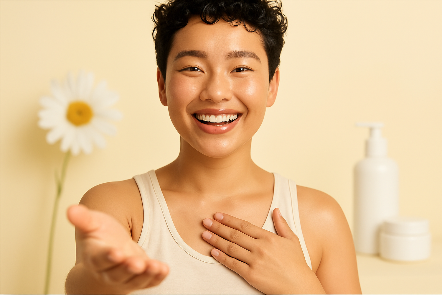 a smiling young cosmetic and skincare advert, with a promising gesture illustrating our promise